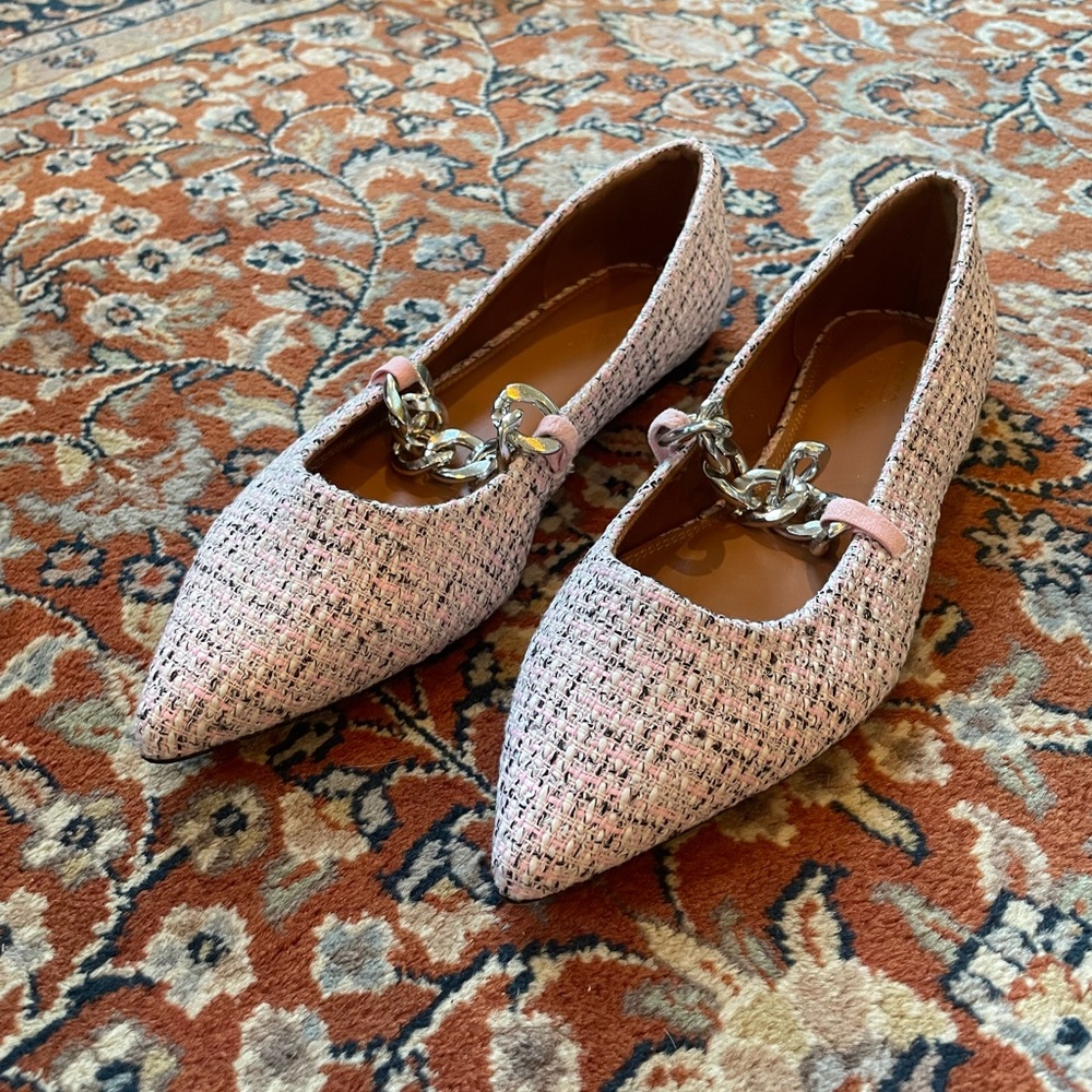 Brand New ASOS Pink Tweed Pointed Toe Flats with Silver Chain Detail